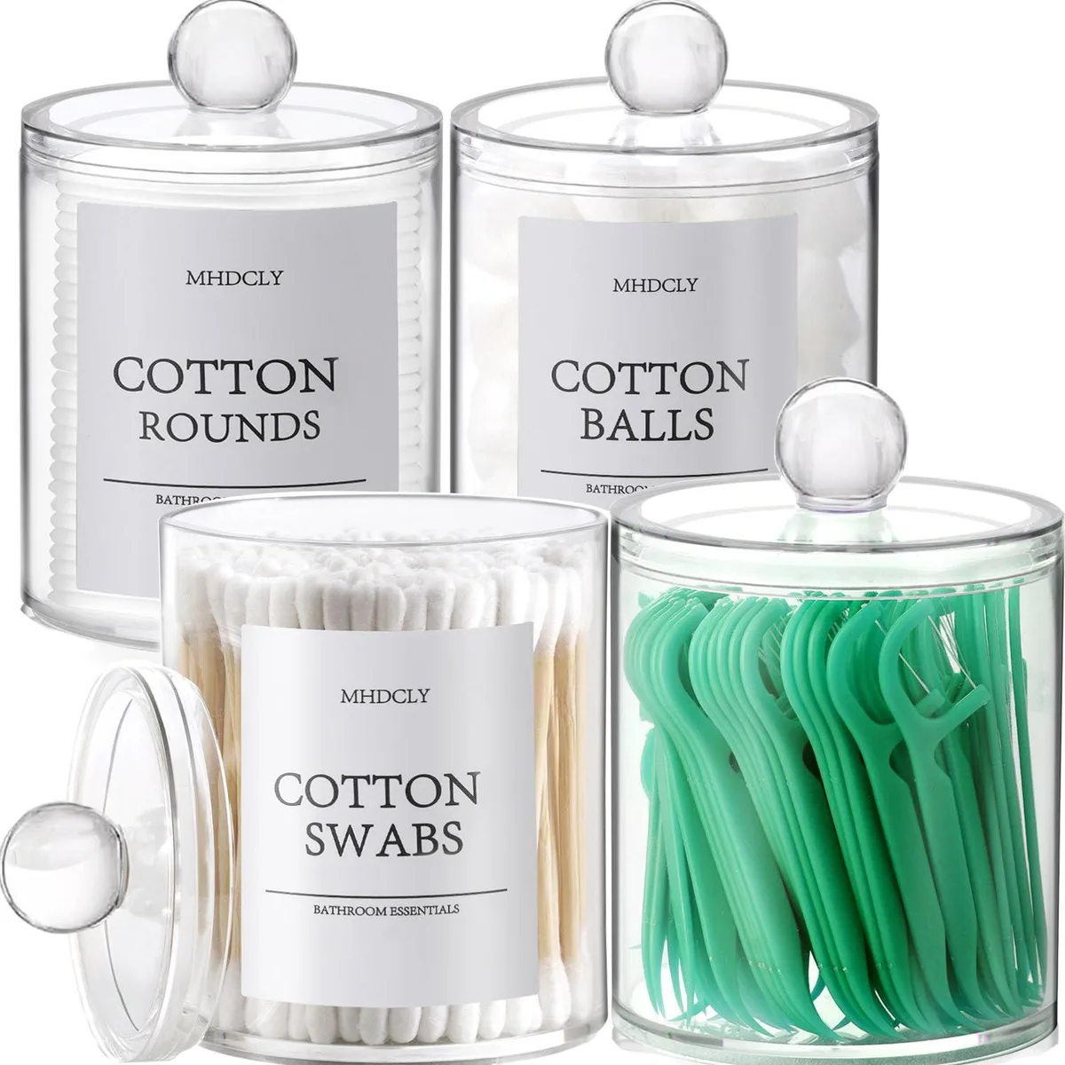 Four clear plastic apothecary jars with lids, two 12oz and two 10oz, smooth finish, total weight .299kg