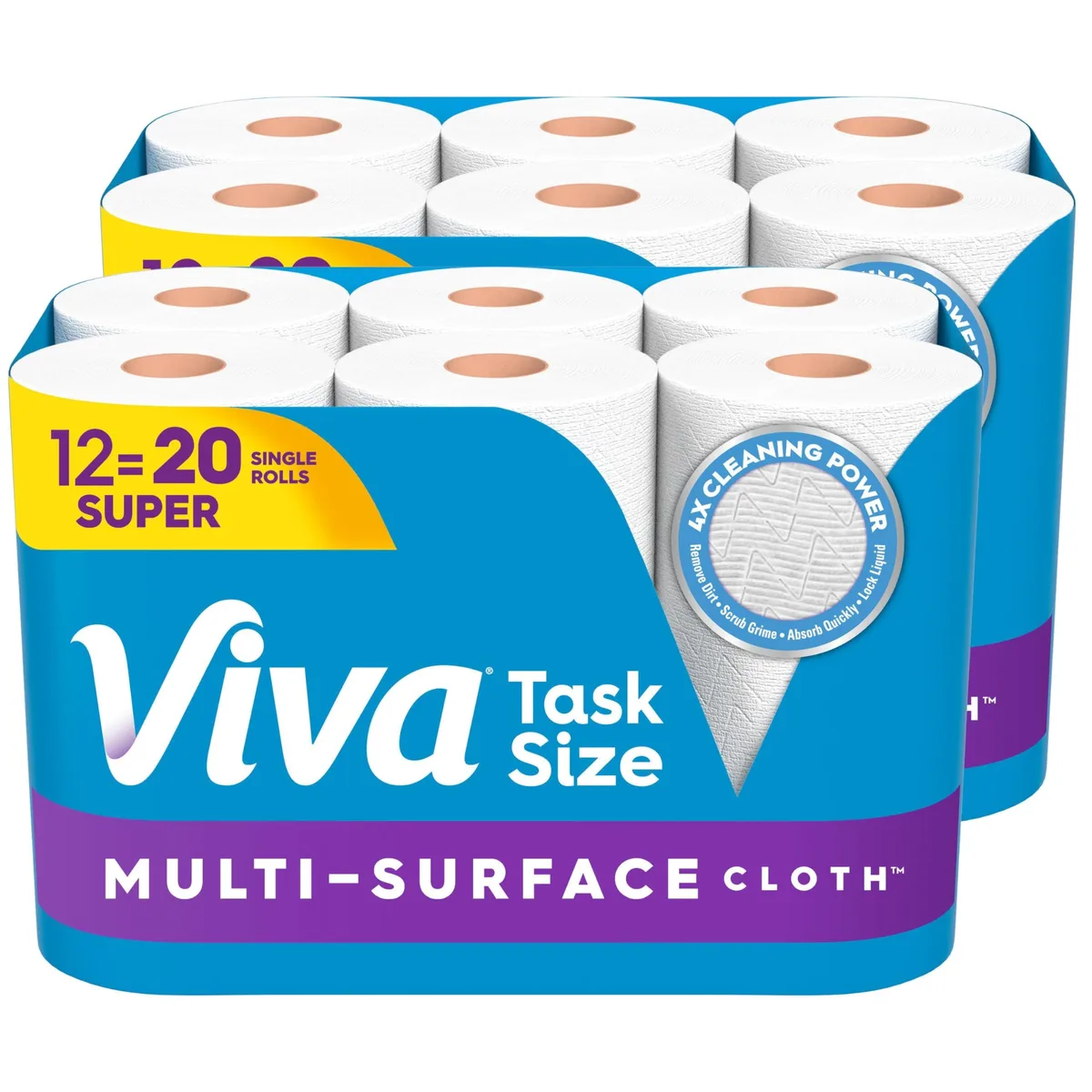 Twelve white paper towel rolls, perforated sheets, cloth-like texture