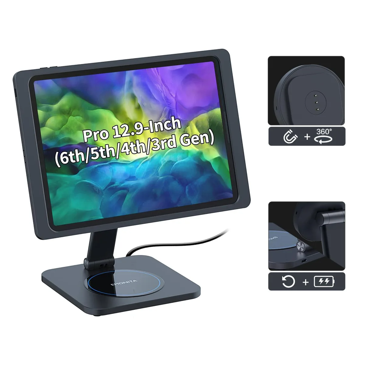 EMONITA EMONITA Foldable Magnetic iPad Stand with Charging Case for iPad Pro 12.9" (Black) — product photo
