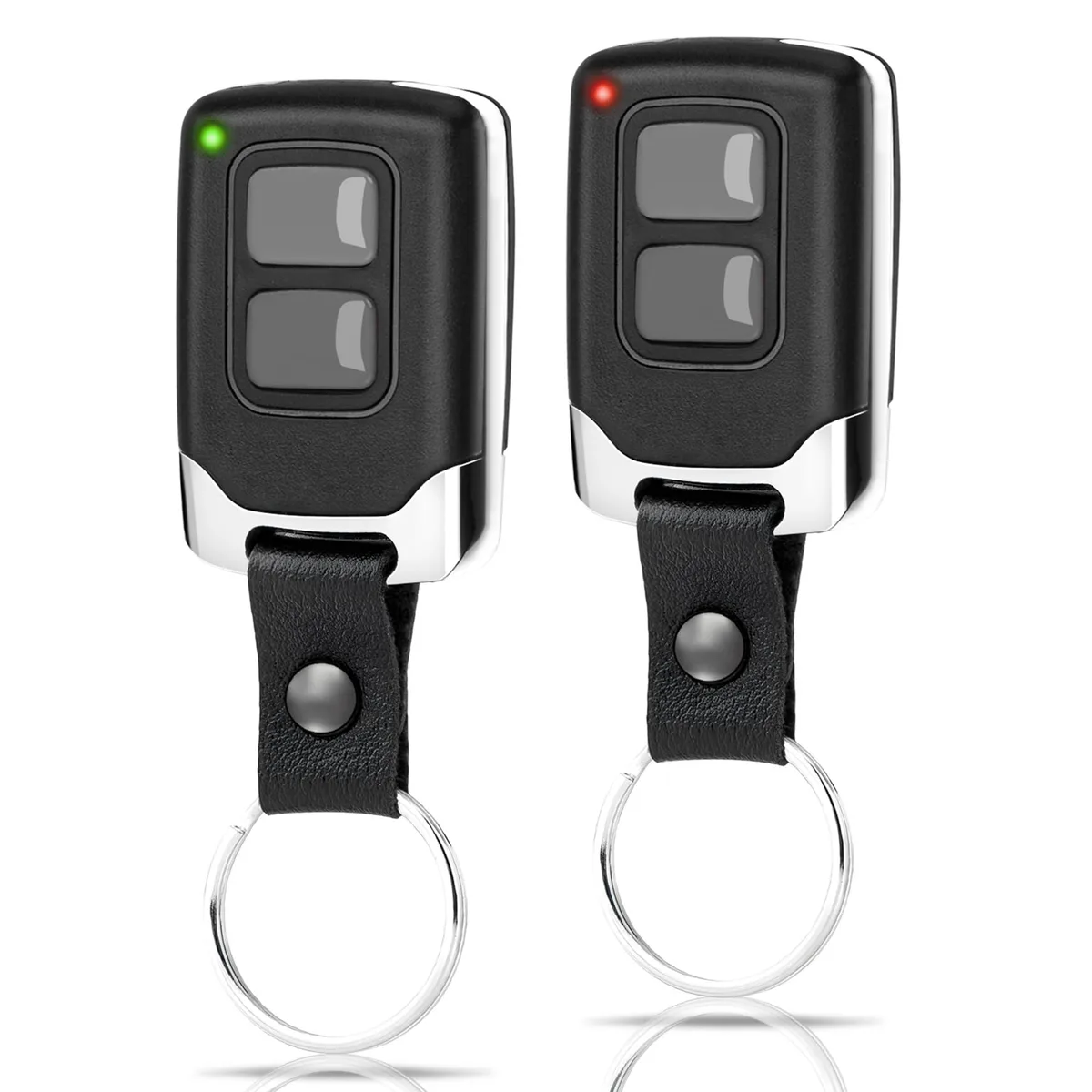 Two compact dark remotes with key-ring holes, shown side by side
