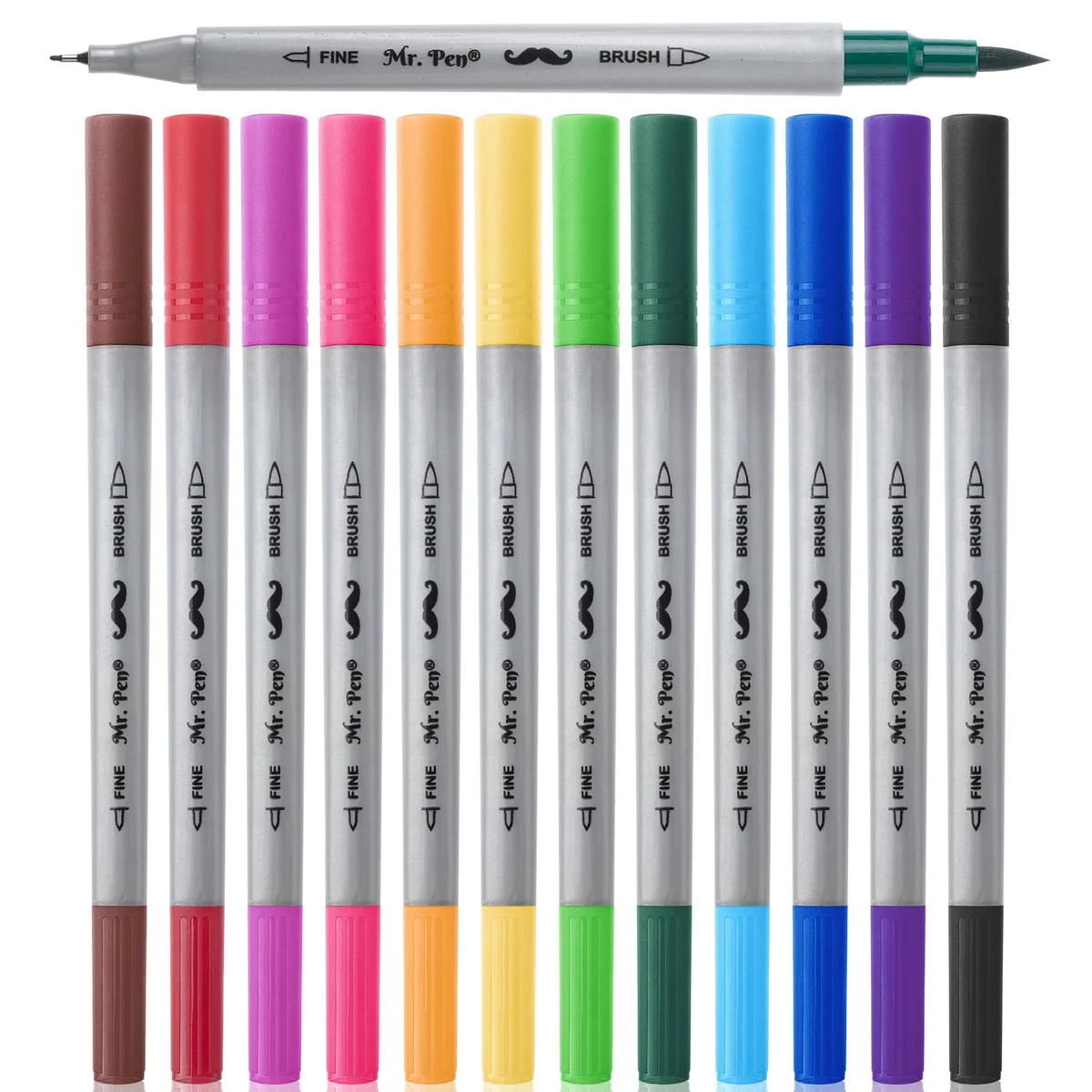 Set of twelve dual-tip brush pens in assorted colours with portable case