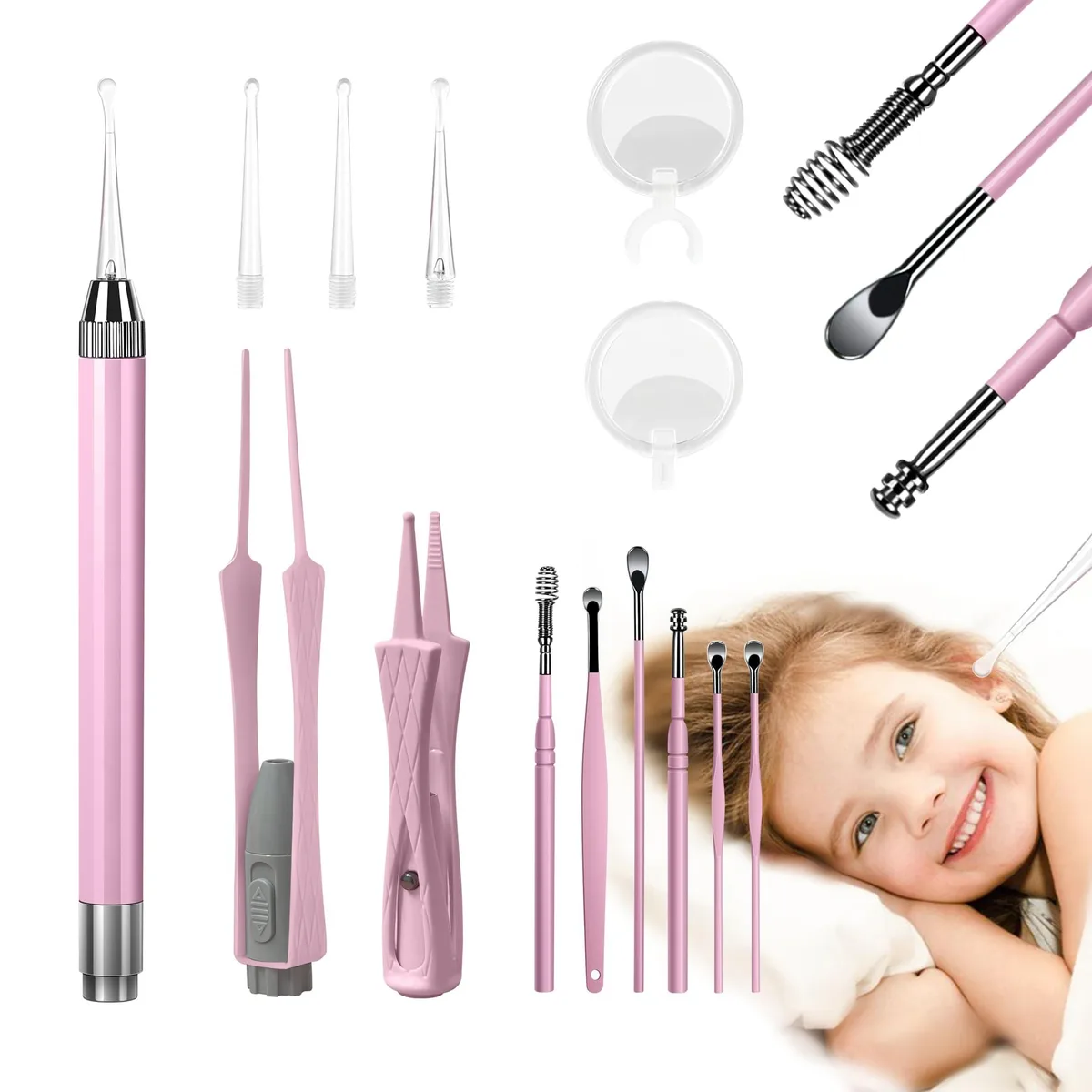 Pink 15-piece ear care kit with LED tools in storage box