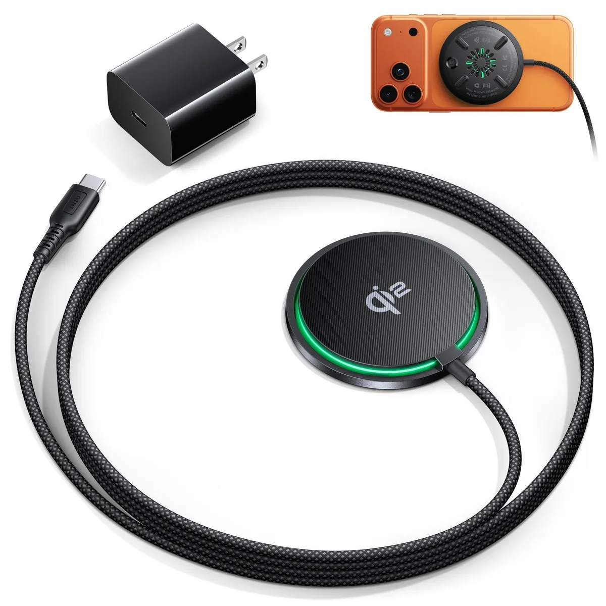 White magnetic wireless charging pad with built-in cooling fan and USB-C cable