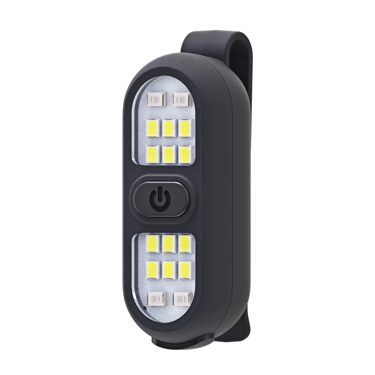 Small black clip-on LED flashlight, 2.2 by .9 by .9 inches, .6 ounces
