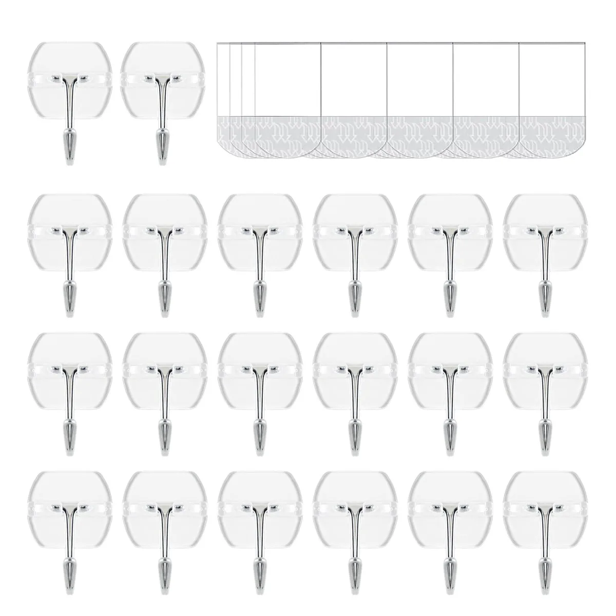 Twenty small clear wire hooks with twenty-five adhesive strips in a box