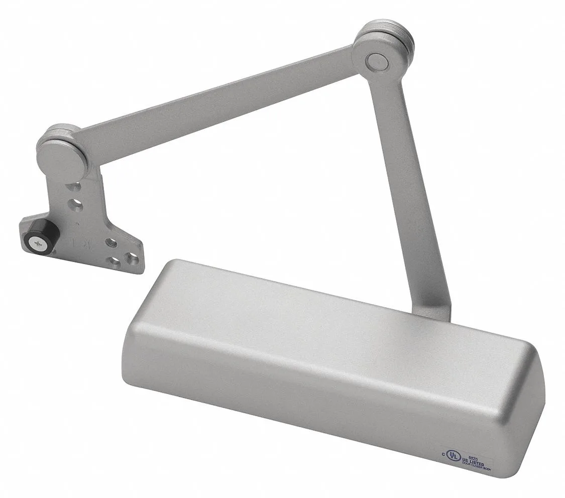 Silver hydraulic door closer with cast iron arm, rectangular body, parallel mounting arm extended