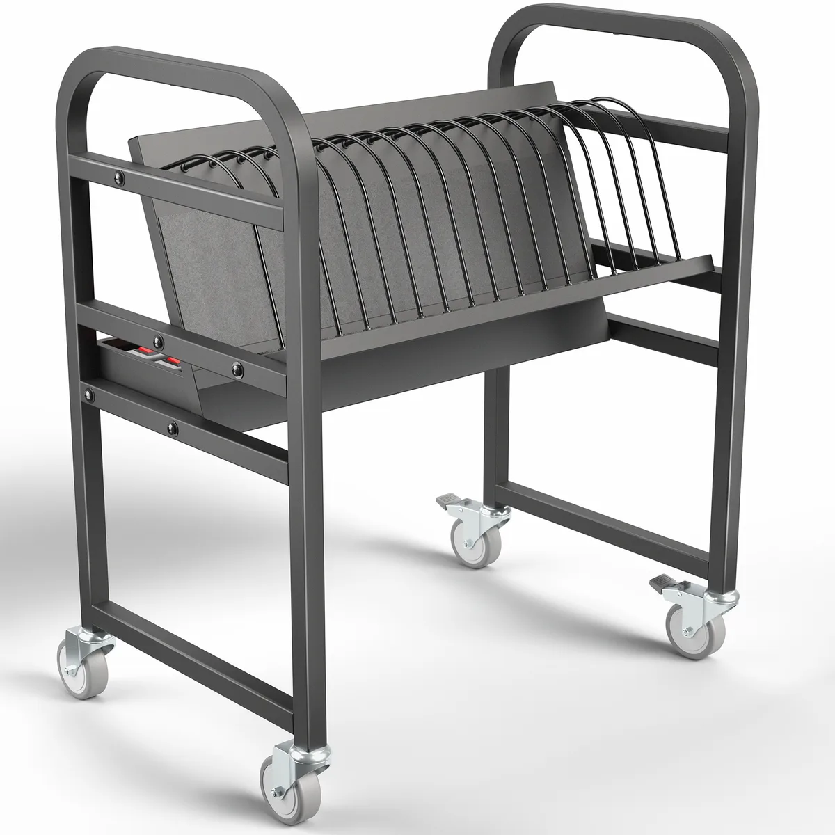 Black steel mobile cart with 16 open charging bays four casters two lockable