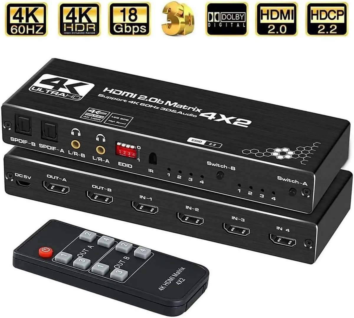 Vszerda Vszerda 4x2 HDMI Matrix Switch 4K@60Hz 18.5Gbps 2xSPDIF 2x3.5mm Audio IR Remote — product photo