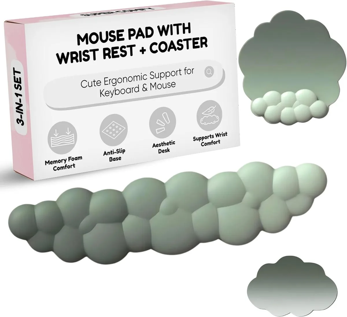 Green gradient cloud wrist rest set with keyboard pad mouse pad and coaster on desk