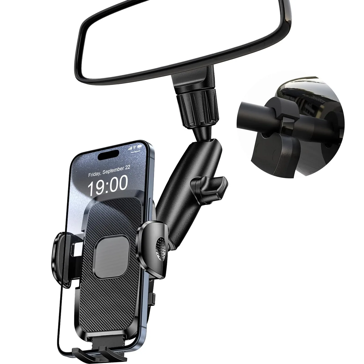  JDHDL Rear View Mirror Phone Mount 360° Rotating Black Adjustable — product photo