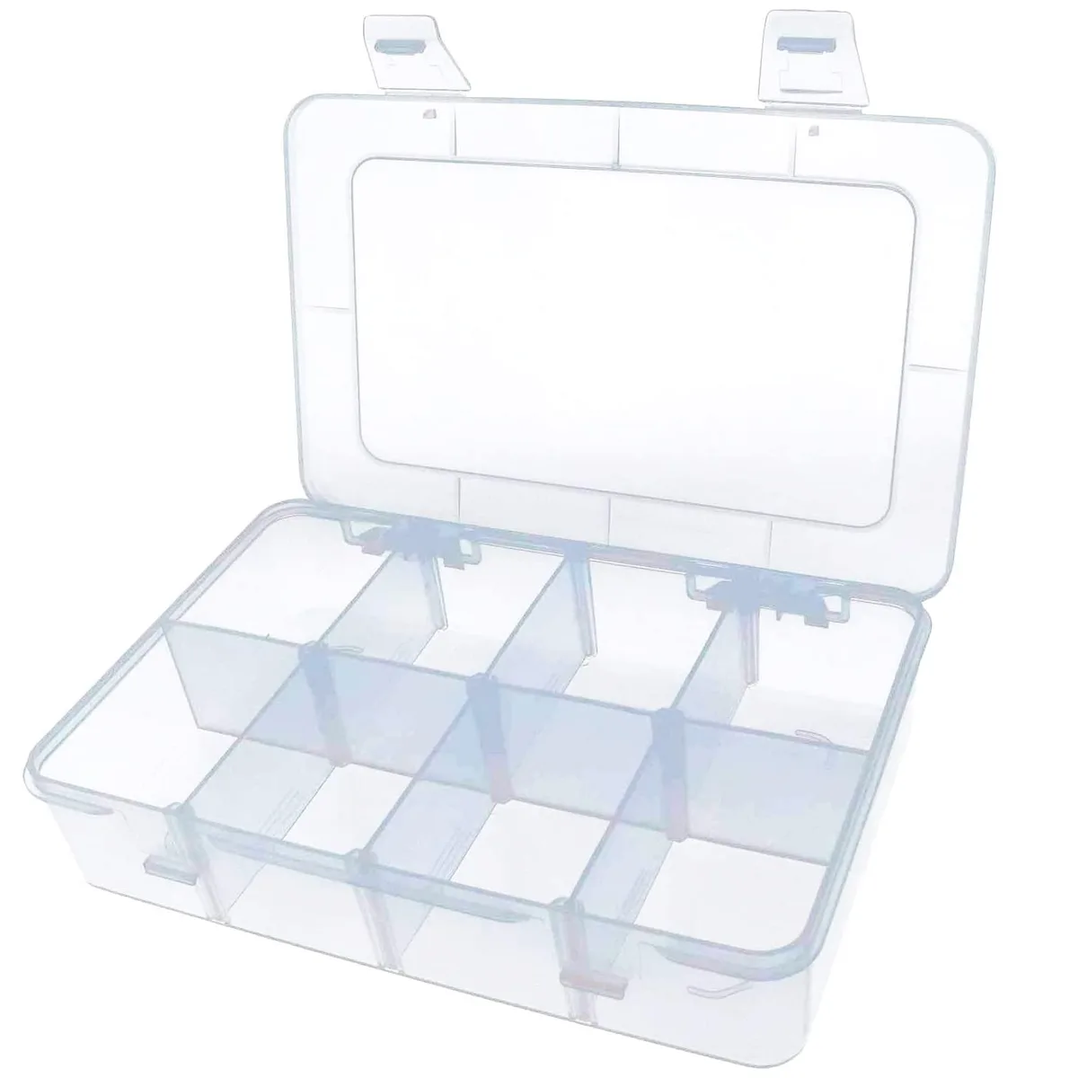 Clear plastic box with adjustable dividers, 7.3in by 4.9in by 1.6in