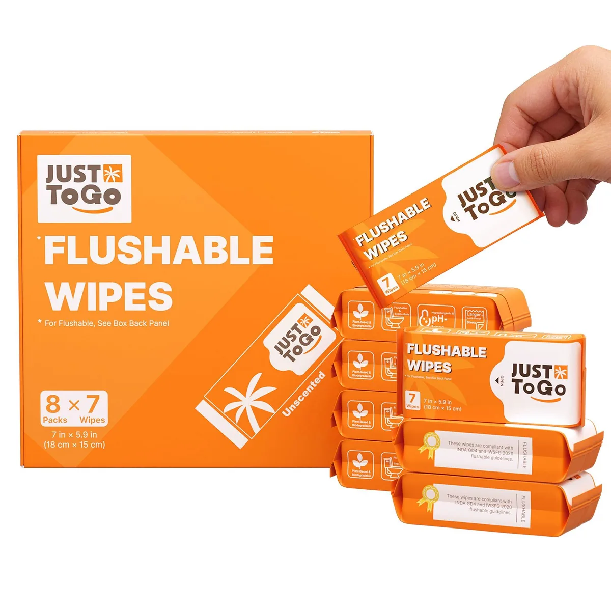 Eight compact packs of plant-based flushable wipes, new condition