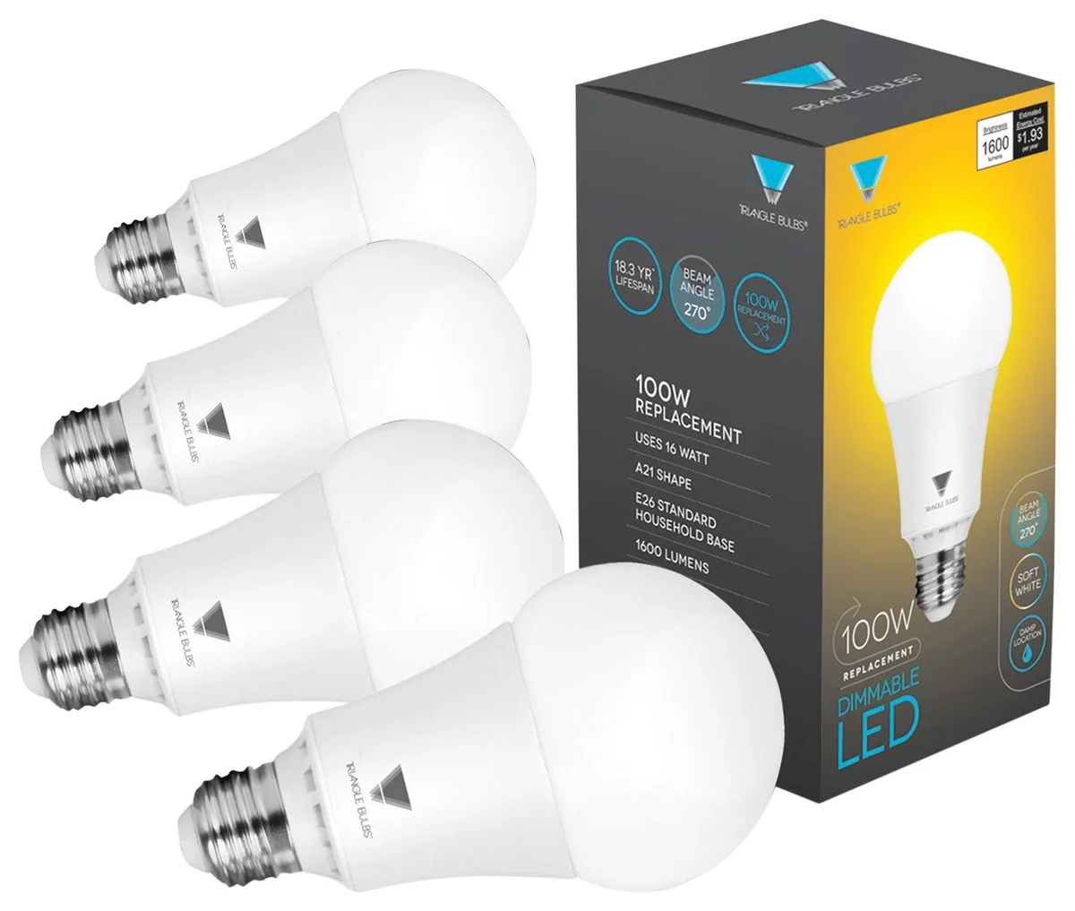 Four frosted A21 LED bulbs in cardboard packaging