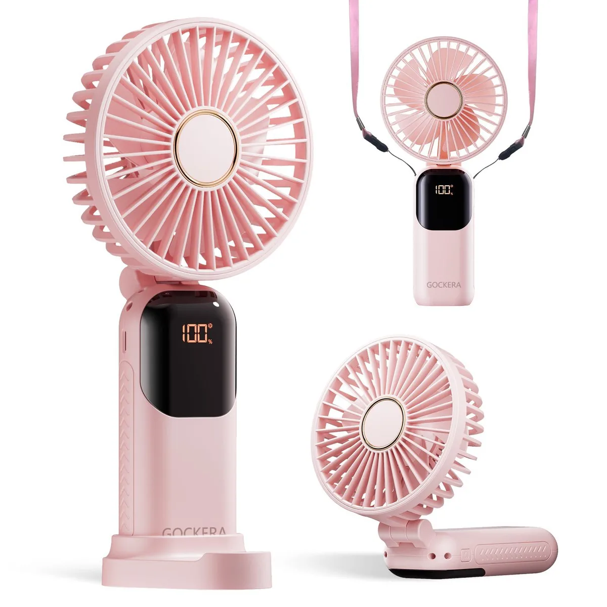 Pink foldable handheld fan with silver blades, digital display, and lanyard