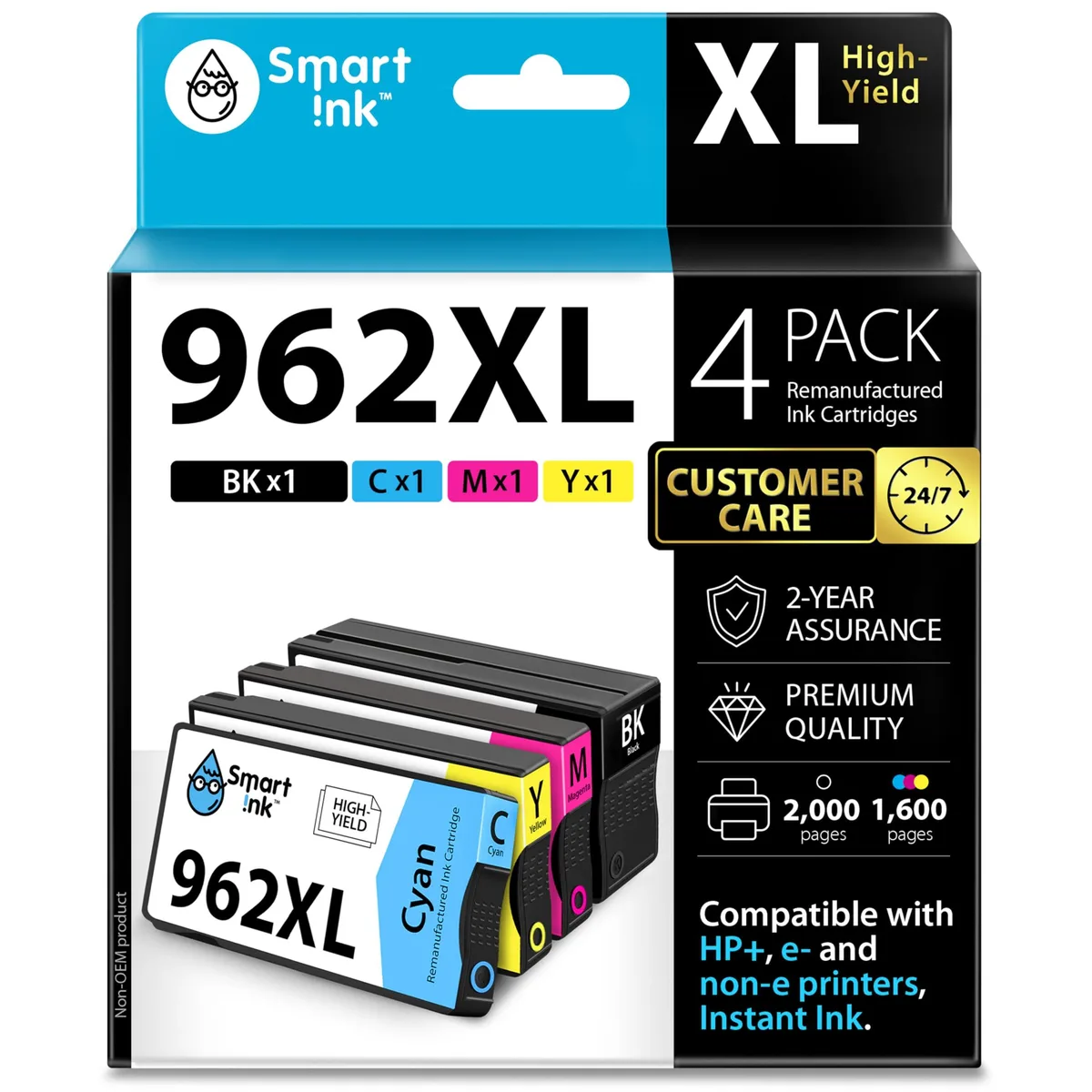Four rectangular ink cartridges in black cyan magenta yellow plastic casings with label stickers