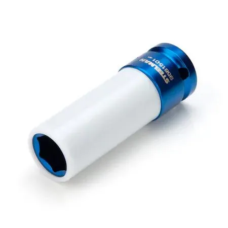 Blue anodized 17mm sleeved socket with protective outer sleeve and insert, 85mm long, 6-point drive end