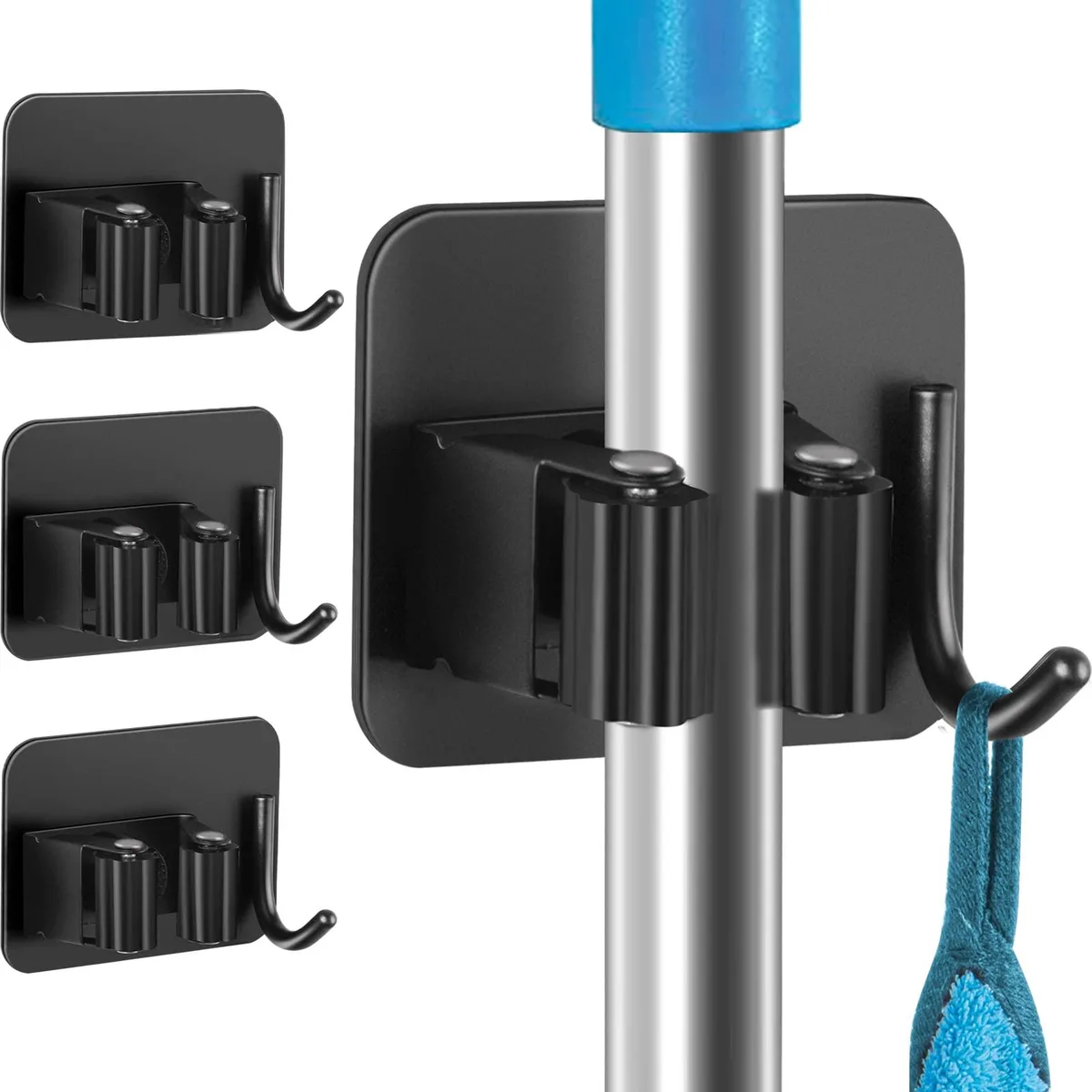 Black stainless steel broom holder with one gripper and one hook, adhesive wall mount