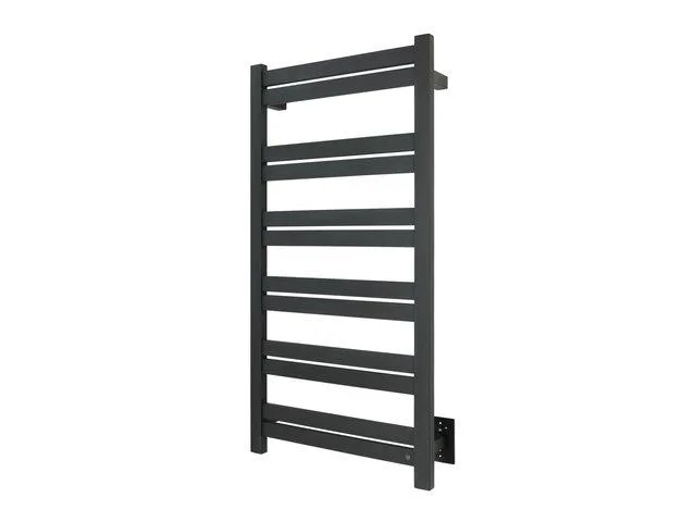 Matte black wall-mounted towel warmer with twelve flat horizontal bars
