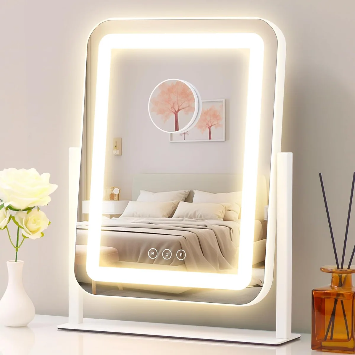 White rectangular LED vanity mirror on tabletop stand, 13.1 by 16.7 inches