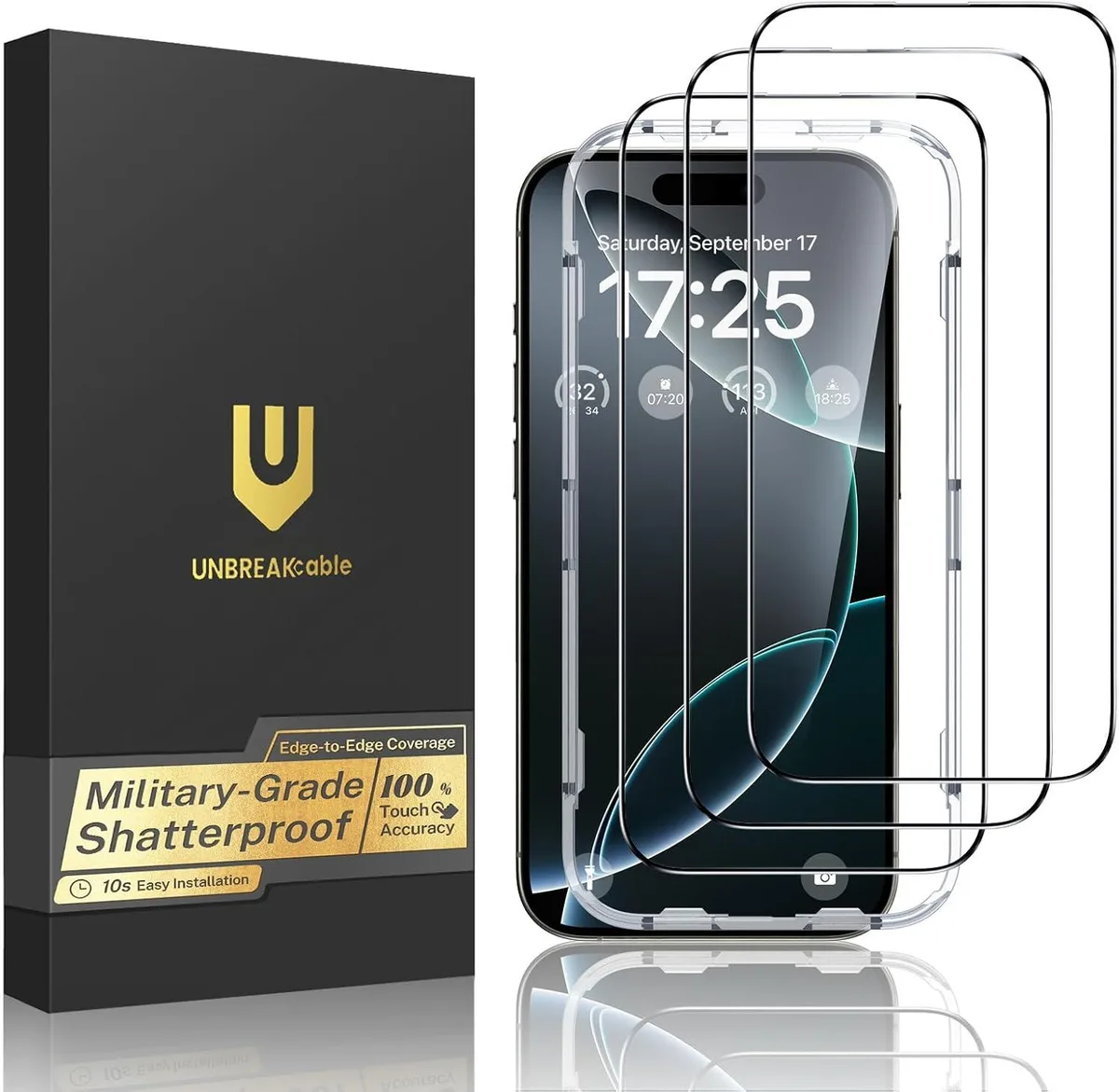 Three clear tempered glass screen protectors with installation frames for iPhone 16 Pro Max