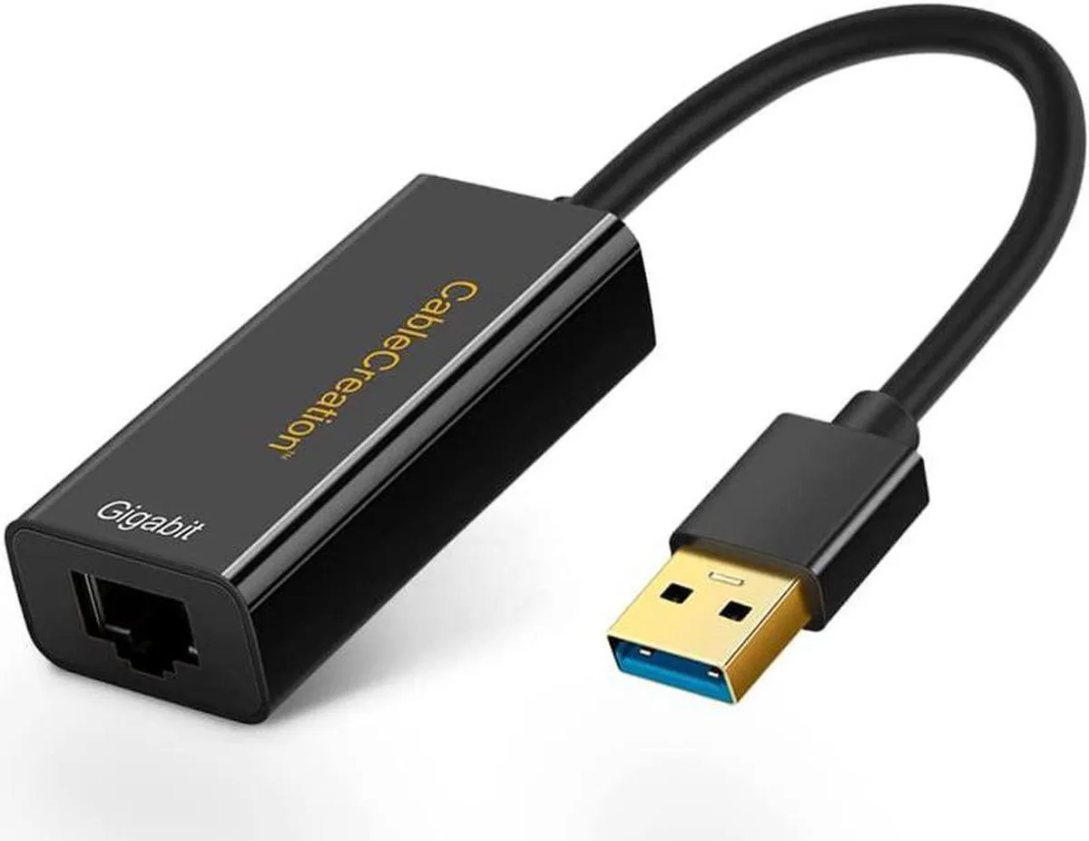 Small USB 3.0 to RJ45 Gigabit Ethernet adapter with black plastic body