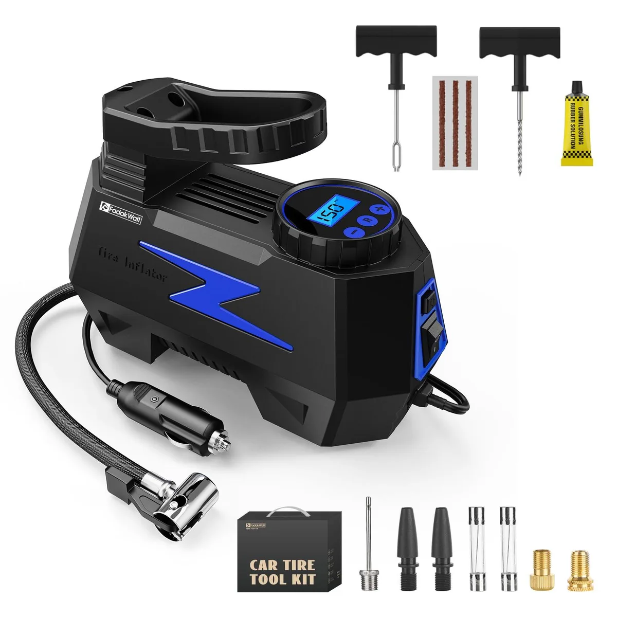 Blue 12V tire inflator and plug repair kit with tools