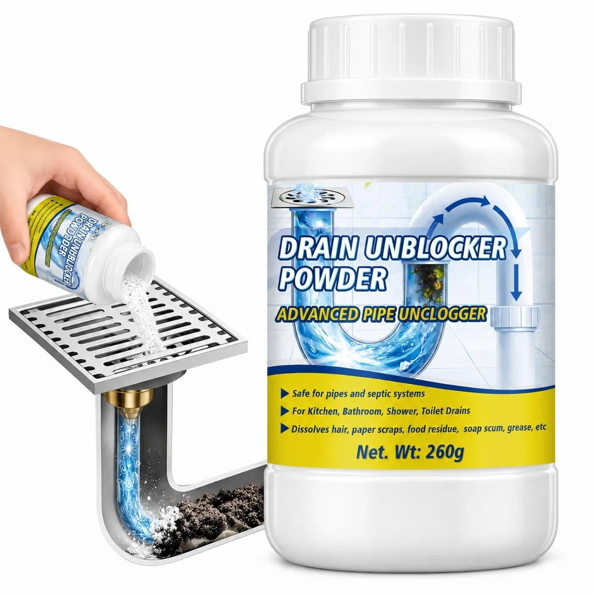 Twelve white 260g powder tubs in a cardboard pack