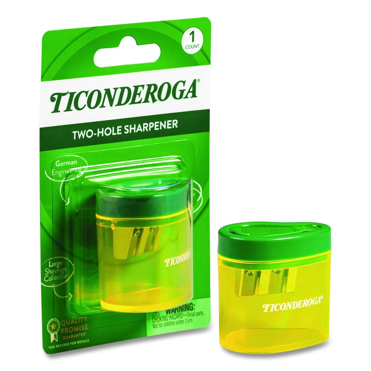 Green and yellow two-hole pencil sharpener, rectangular block shape