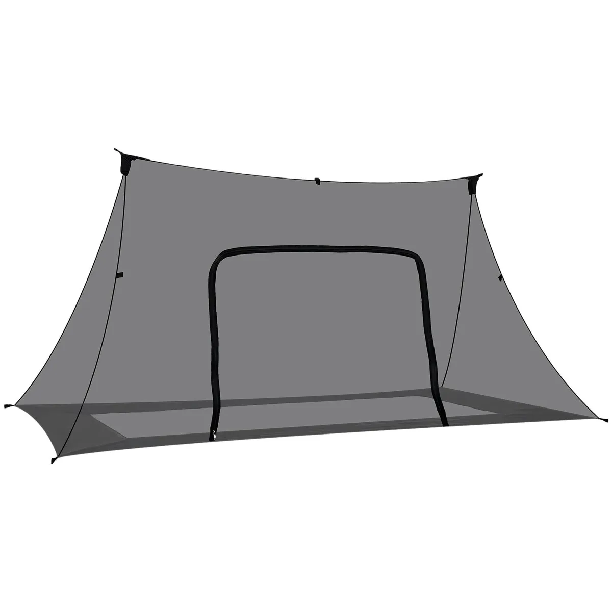 Black rectangular mosquito net with fine mesh, double zipper entry, reinforced corner loops, shown folded flat