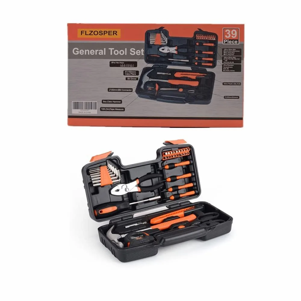 Yellow 39-piece tool set in a portable yellow toolbox with folding handle, heat-treated chrome steel tools and TPR grips