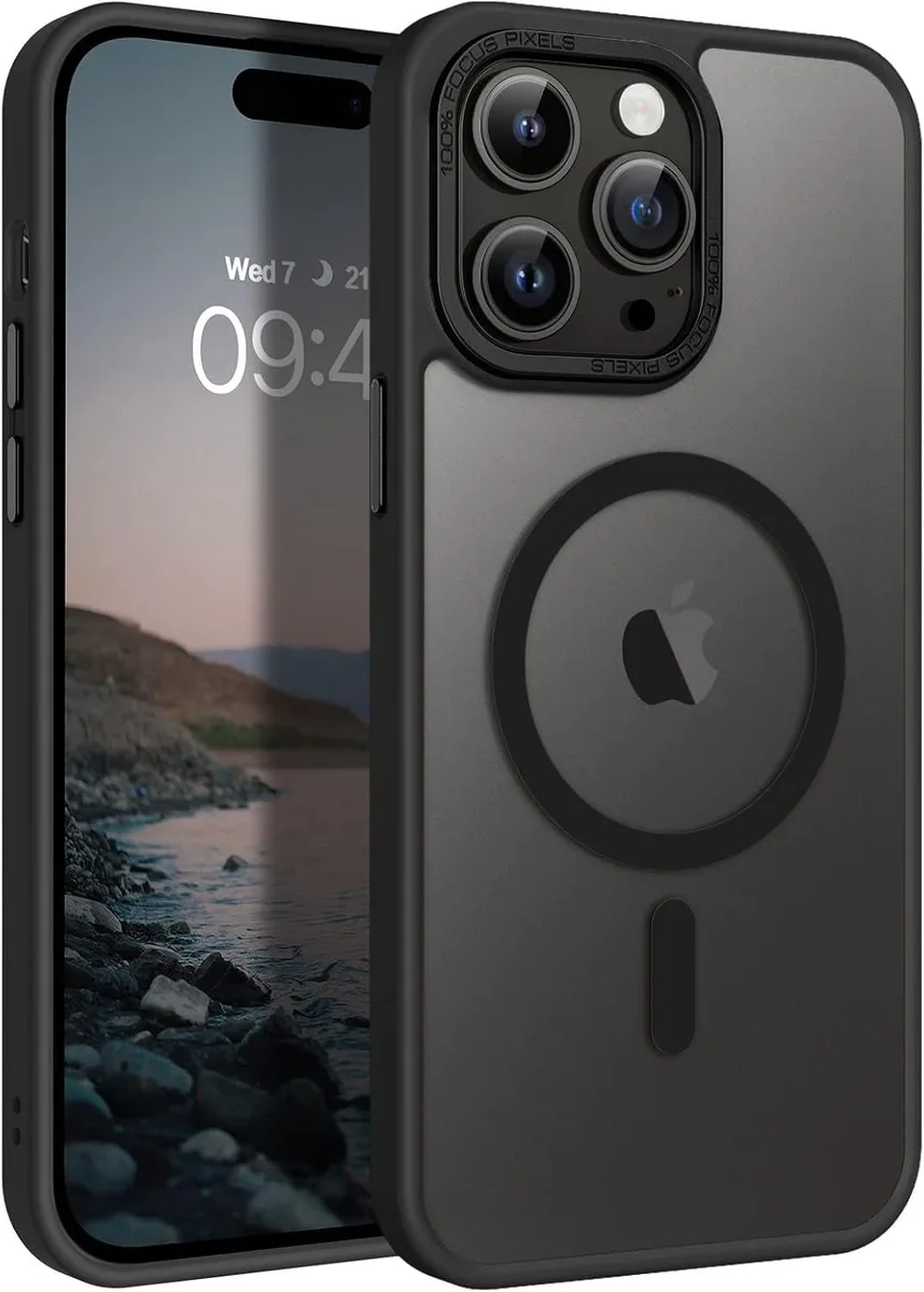 Translucent matte black iPhone 14 Pro case with MagSafe ring