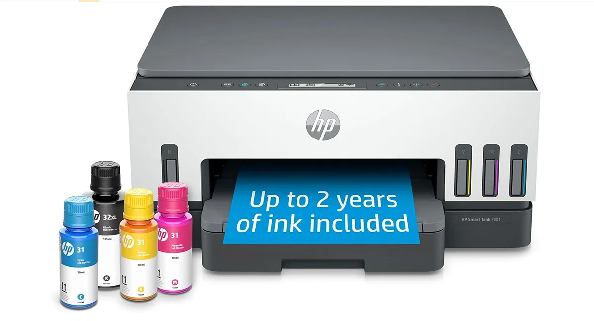 White rectangular all-in-one inkjet printer with front-facing ink tanks and flatbed scanner lid