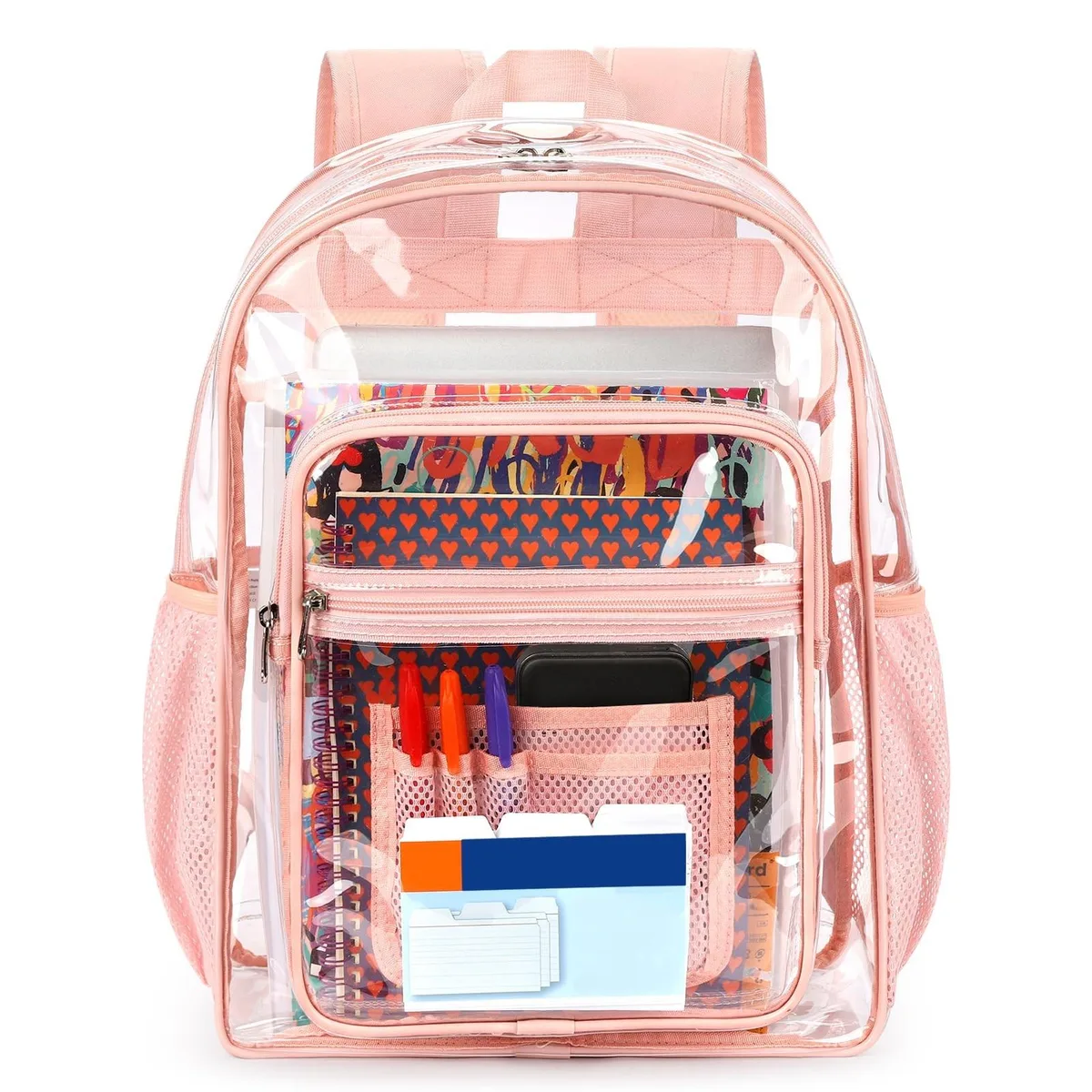 Clear pink PVC backpack with padded straps and mesh pockets