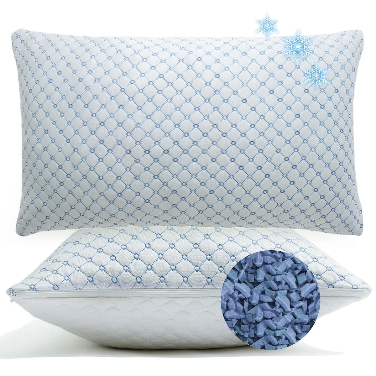 Two queen-size white and blue cooling pillows with shredded memory foam filling