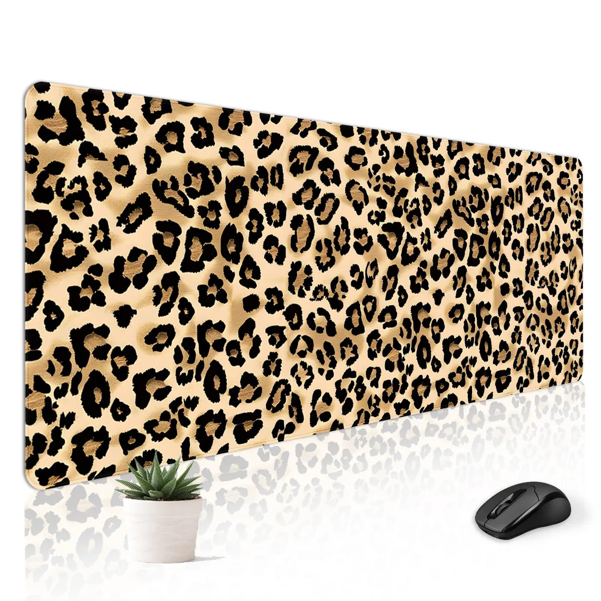 Rectangular leopard-print desk mat 30 by 12 inches polyester surface stitched edges