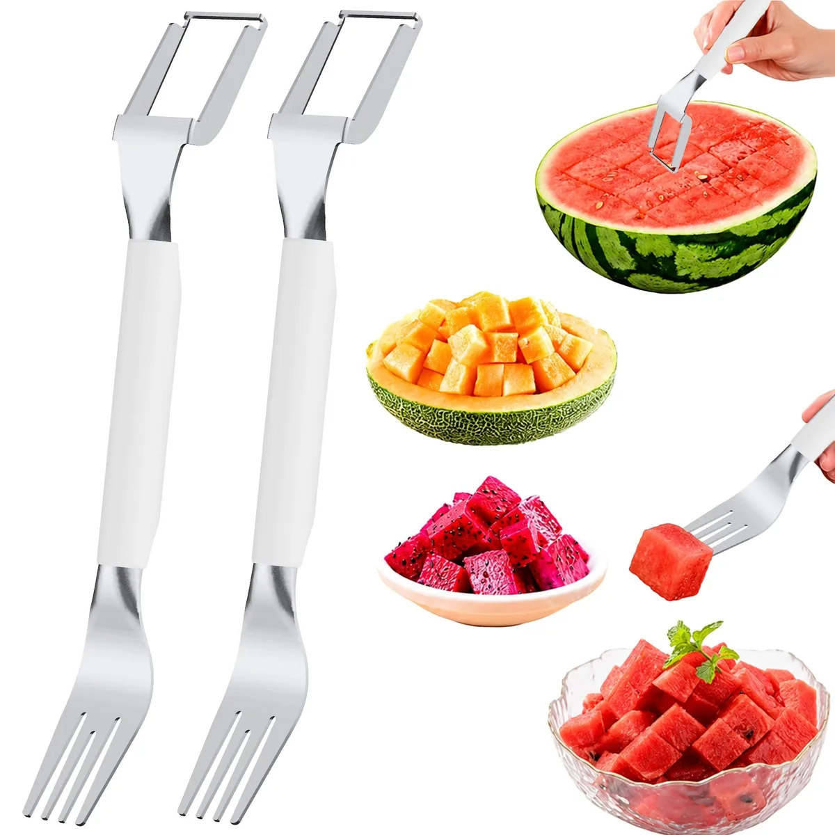 Two white stainless steel watermelon cutters with dual slicing and fork ends, long handles