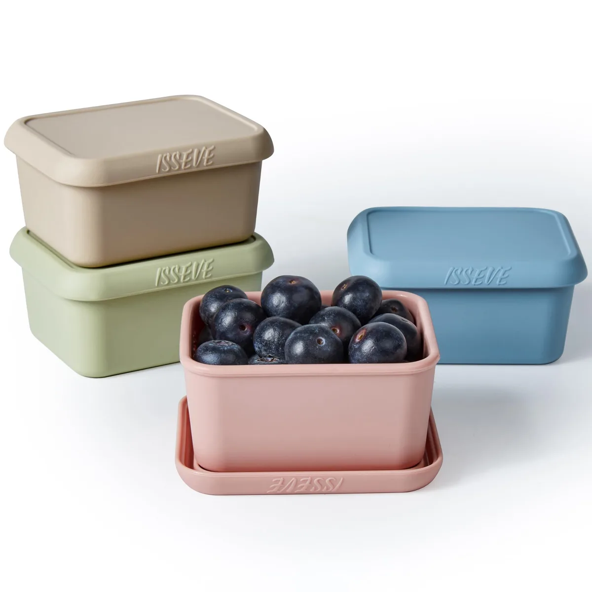 Four red silicone snack containers with matching lids, rectangular with rounded corners, matte finish