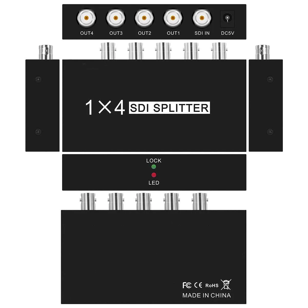 Compact metal box with one BNC input and four BNC outputs, blue and red status LEDs, DC 5V power jack