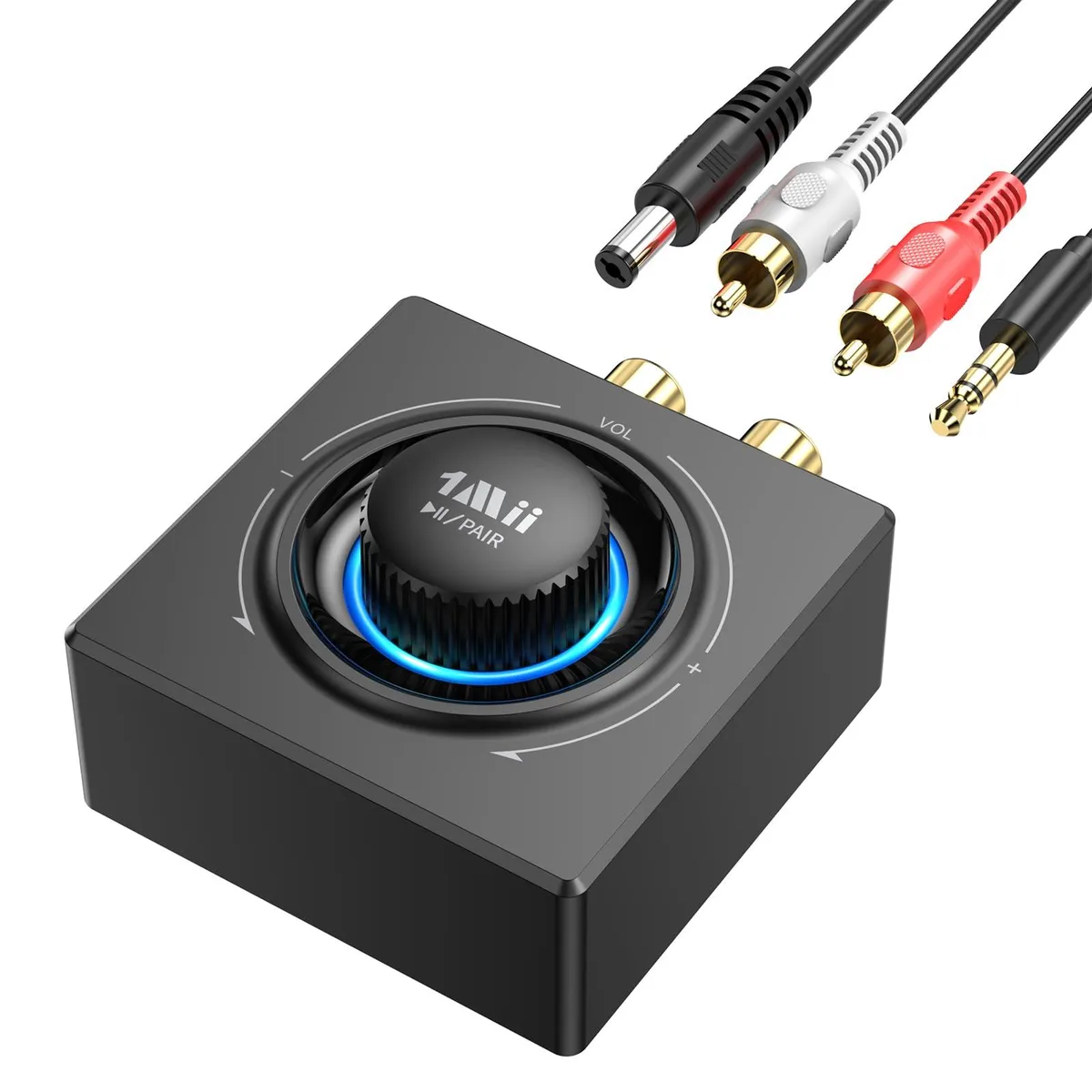 Small black square Bluetooth 6.0 receiver with rotary knob, RCA and 3.5mm outputs