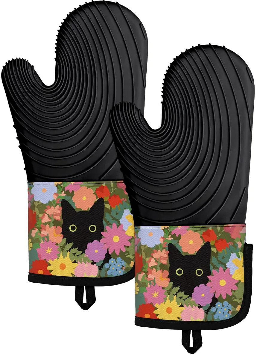  Slohif Oven Mitt 2 Pcs Black Cat Cotton Silicone — product photo