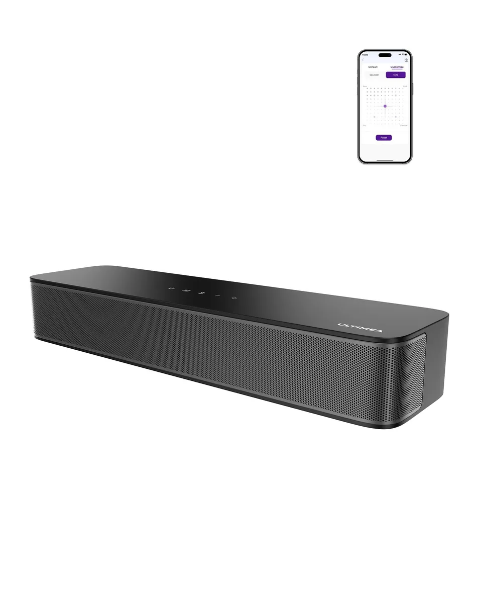 Compact black soundbar with built-in subwoofer, rounded ends, fabric grille, wall-mount slots visible