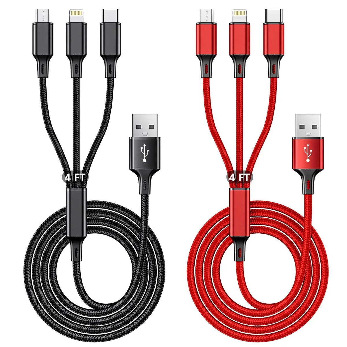 Two braided cables red and black with USB-C and micro-USB tips