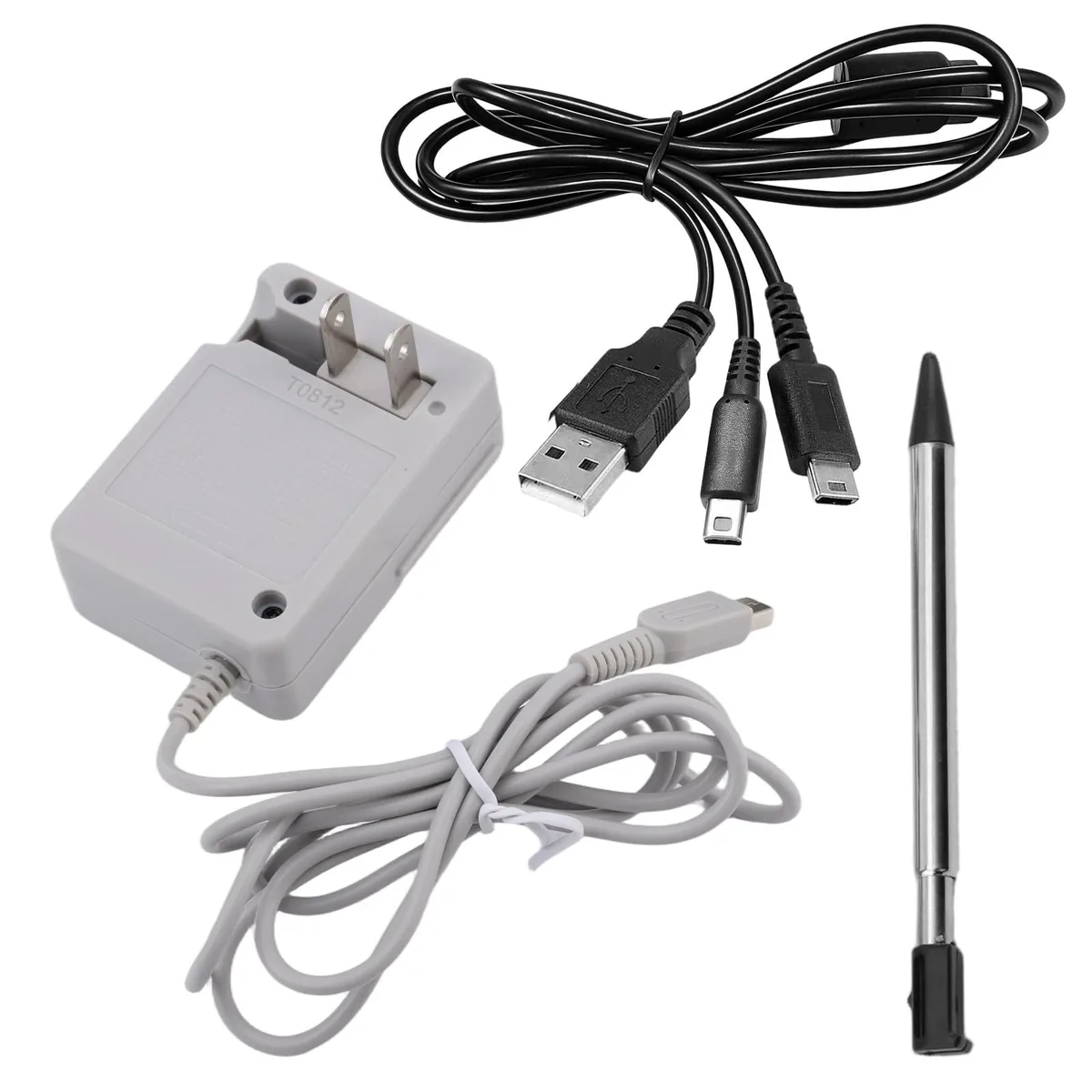 Black Dell D22831 AC charger, short 2-in-1 cable, and metal stylus pen