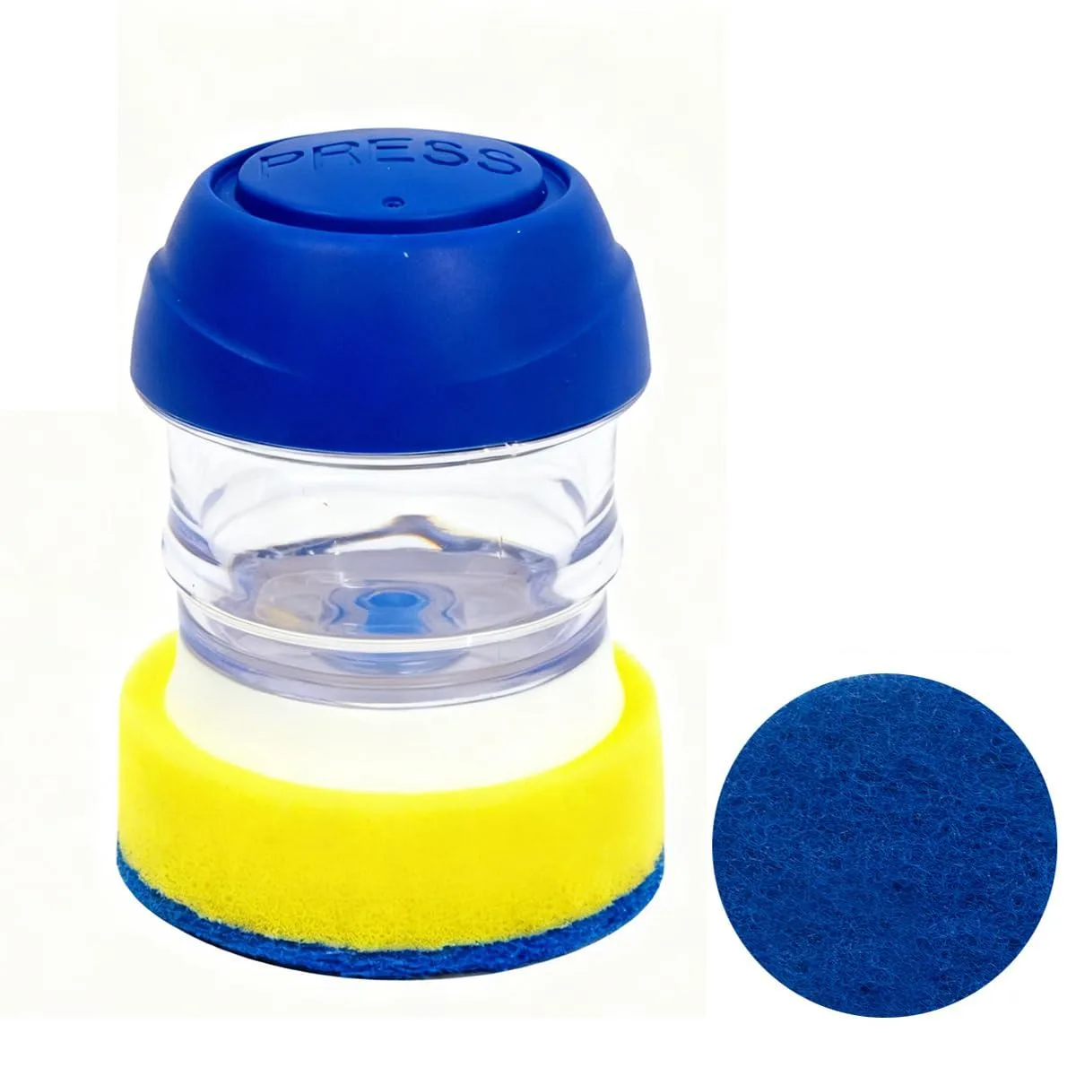 Metra dish scrubber with built-in soap dispenser, blue and yellow sponge head, transparent handle
