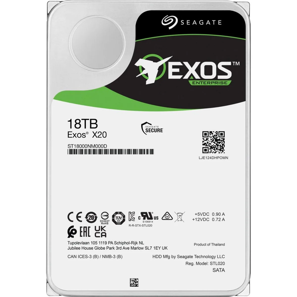 Seagate Seagate ST18000NM000D Exos X20 18TB 7200 RPM 256MB SAS 12Gb/s 3.5 internal hard drive — product photo