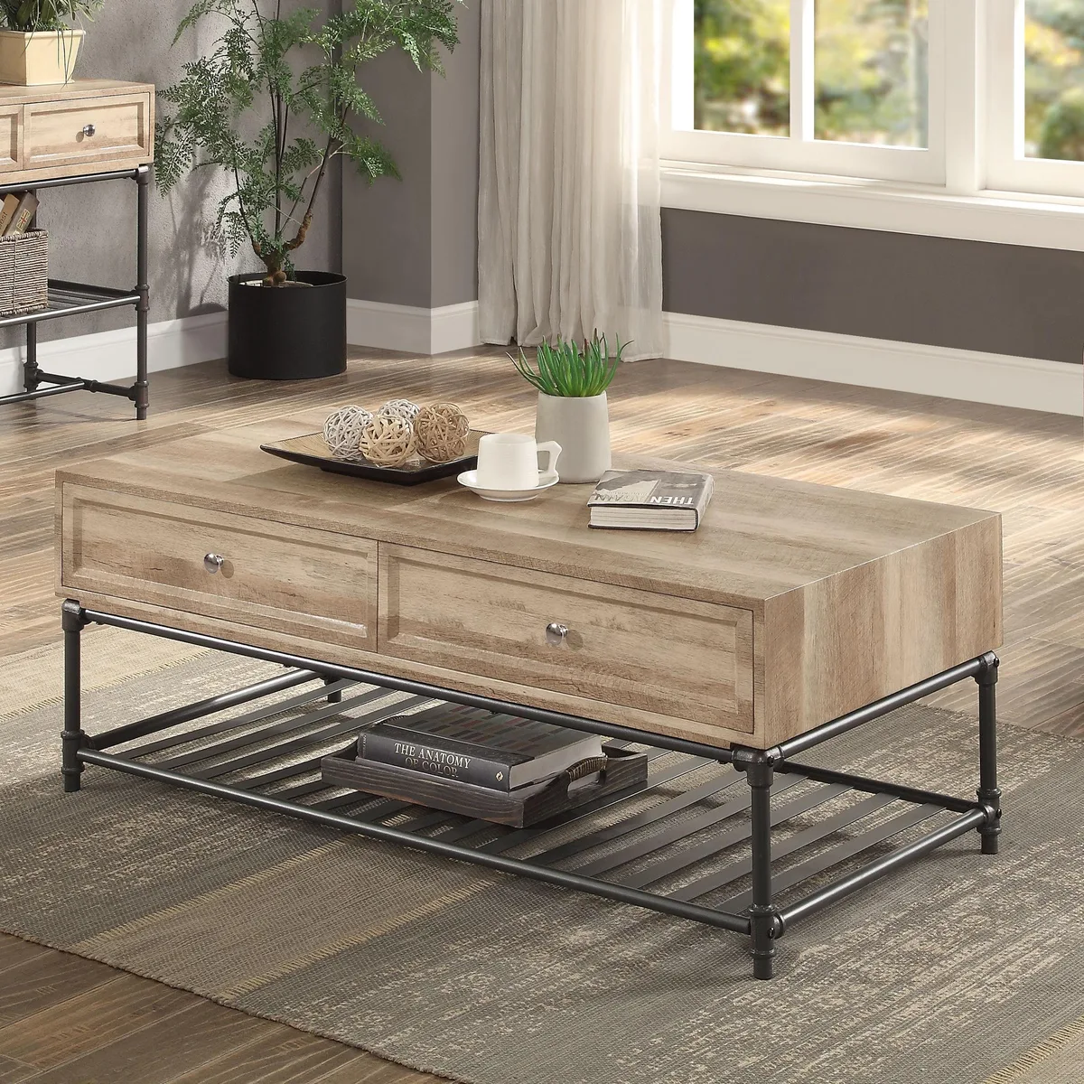 Rectangular oak-finish coffee table with black metal frame and lower shelf