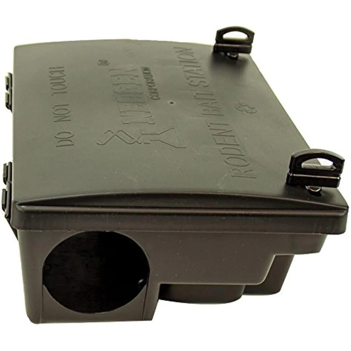 Black rectangular rodent bait station with two entry holes and lockable lid