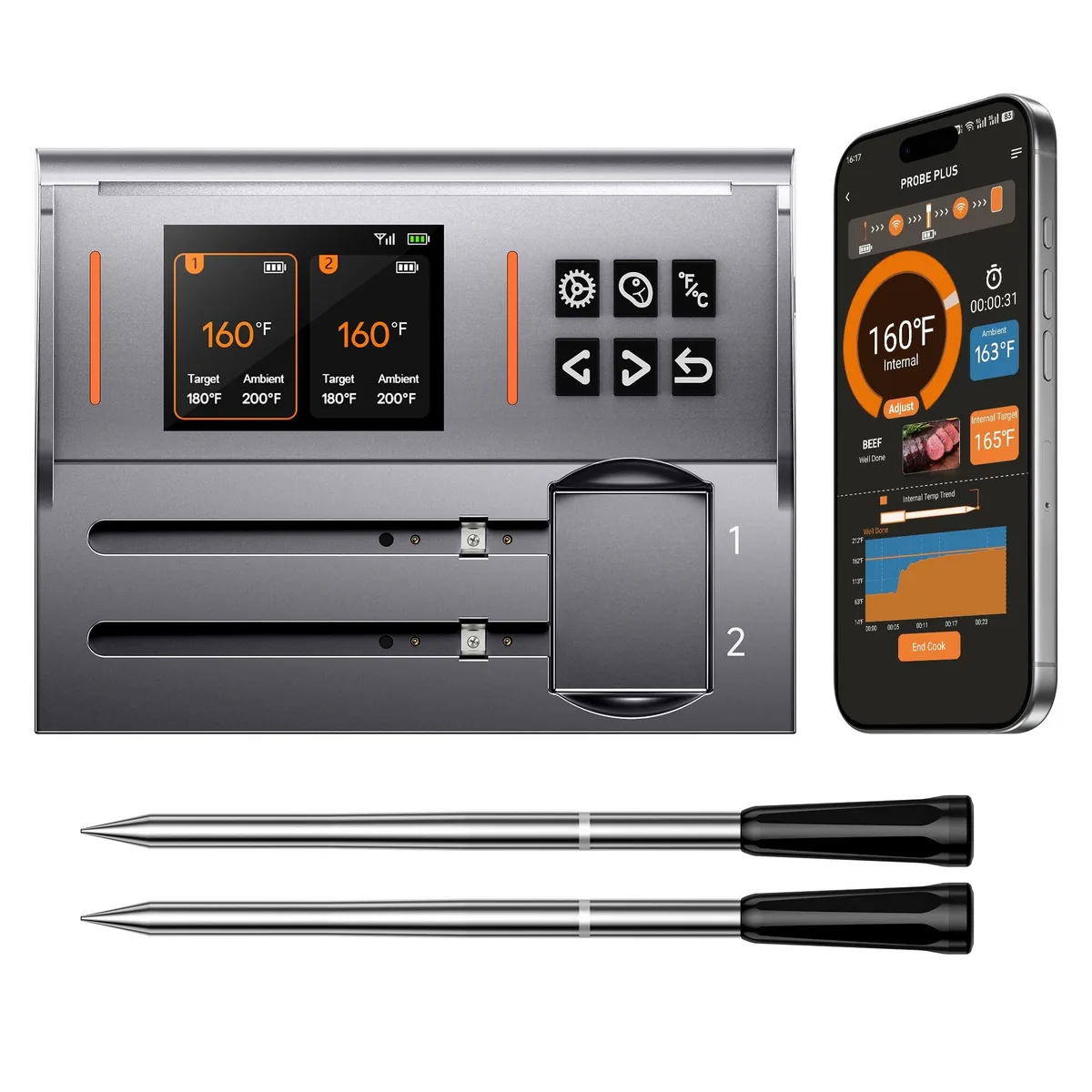 Dark grey wireless thermometer base with two slender probes and a USB-C cable