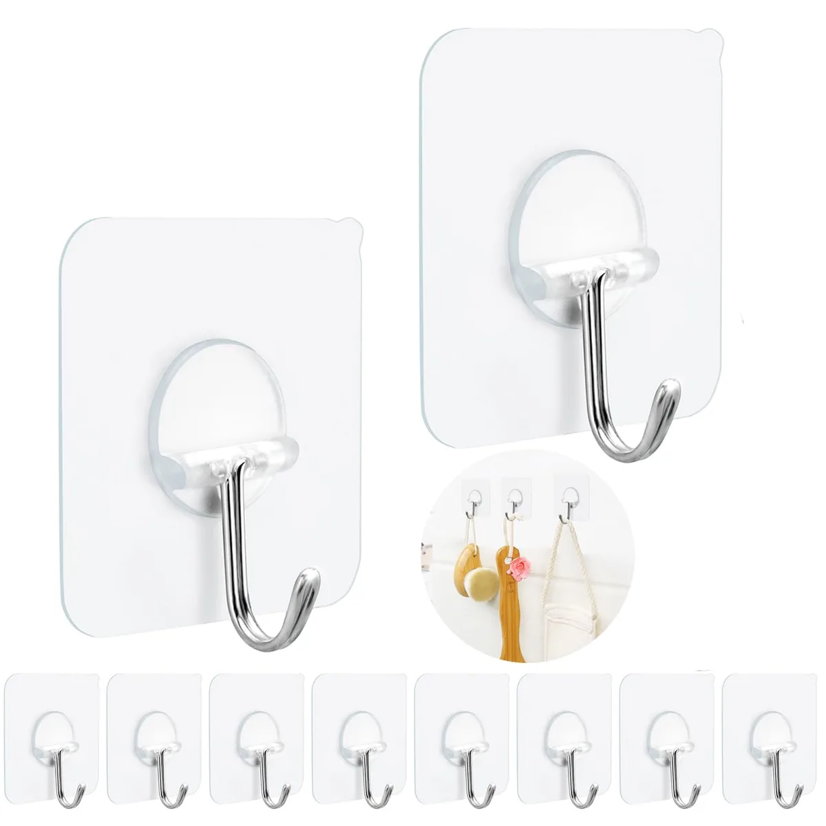 Ten clear square adhesive hooks with rotating stainless-steel arms, 2.36 inches each