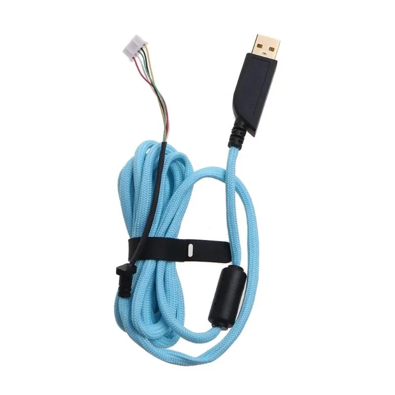 Blue braided USB mouse cable, 210 cm long, coiled on white background